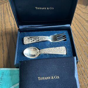 AUTHENTIC New in Box Tiffany & Co. Sterling Silver "ABC" baby spoon and fork set
